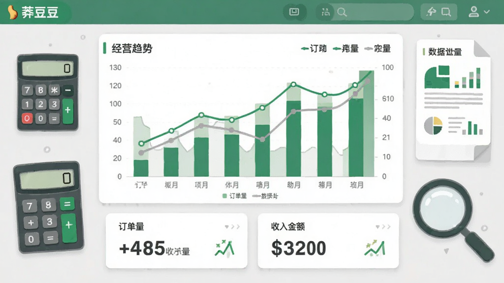 ����չʾ��ç����������������ͳ��ҳ�棬����Ϊ��״ͼ������ͼ���չʾ��Ӫ���ƣ�ͼ���·������ݿ�Ƭ��ʾ���������������Χ�����ż��������������Ŵ󾵵�Ԫ�أ����ֲ������½ṹ�Ű棬���Ϊ��ˬ����廭�磬ɫ������ɫ�ͻ�ɫΪ����ϸ����ͼ�����������ɶ������ʸɾ��޶���Ԫ��