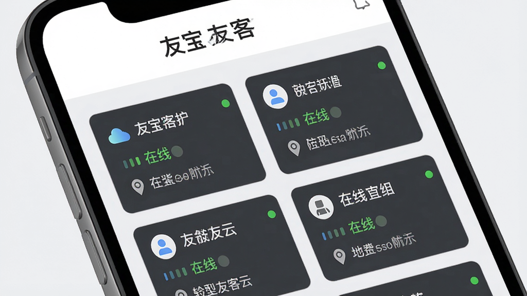 友宝友客云 多设备管理界面,画面展示一部手机屏幕上排列着多个设备卡片,每张卡片显示设备名称、在线状态和位置信息,屏幕上方有“友宝友客云”字样,背景为白色与浅灰色搭配,风格为商务简约扁平化设计,细节包含状态指示灯、图标和文字标签,画质高清,干净,无多余元素