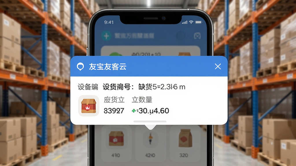 友宝友客云 补货提醒功能展示,画面中一部手机弹出补货通知,通知内容包含设备编号、缺货商品名称和数量,手机背景为仓库货架场景,风格为写实与扁平化结合,细节包含通知弹窗、商品图标和数字标识,画质高清,干净,无多余元素