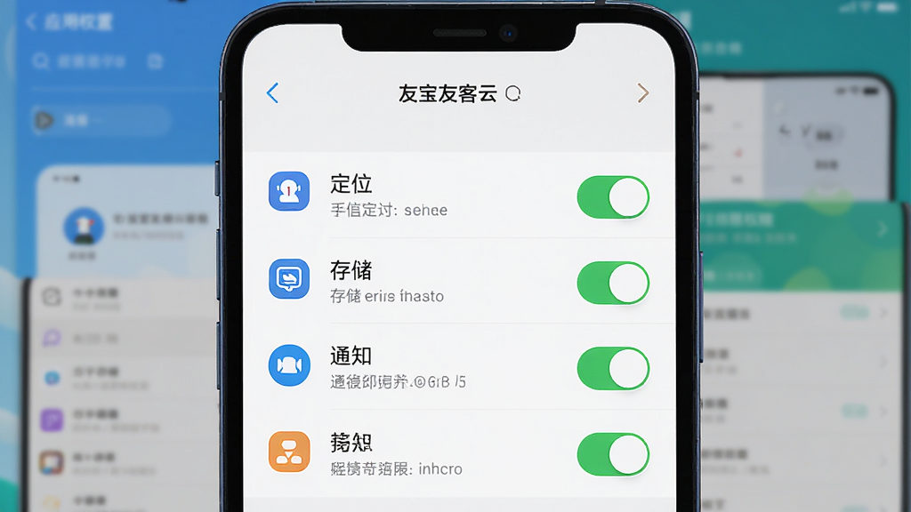 友宝友客云 手机设置权限界面,画面展示一部手机打开应用权限管理页面,页面中定位、存储、通知等权限开关处于开启状态,背景为手机系统设置界面,风格为扁平化设计,细节包含权限图标、开关按钮和文字说明,画质高清,干净,无多余元素