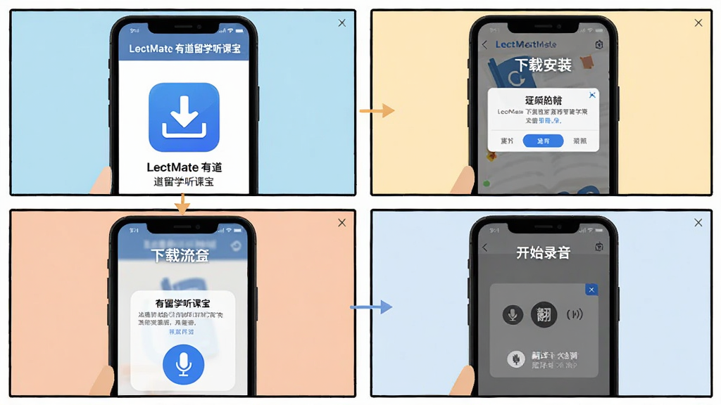 一张展示LectMate有道留学听课宝新手使用步骤的示意图,主体是手机屏幕显示从下载安装到开始录音的四个步骤流程图,屏幕上有LectMate有道留学听课宝的名称,布局为四格漫画式排列,排版为从上到下依次展示,风格为扁平化插画风,细节包括下载图标、权限弹窗、麦克风按钮和翻译界面,画质为高清、干净、无多余元素