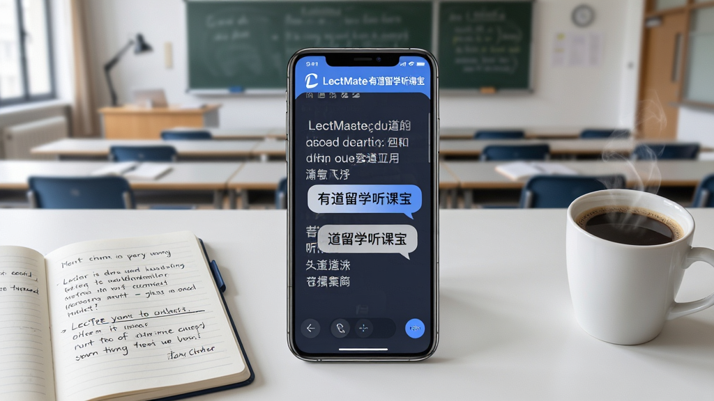 一张展示LectMate有道留学听课宝核心功能的场景图,主体是一部智能手机放置在大学课桌上,手机屏幕显示实时翻译界面,屏幕上清晰可见英文转中文的对照文字,背景是模糊的大学教室环境,有黑板和课桌椅,布局为手机居中、周围环绕笔记本和咖啡杯,排版采用俯拍视角,风格为现代简约科技风,细节包括手机界面中显示LectMate有道留学听课宝的Logo和翻译气泡、笔记本上有手写英文笔记、咖啡杯冒着热气,画质为高清4K、干净明亮、无多余元素