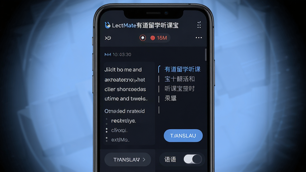 一张展示LectMate有道留学听课宝实时翻译功能的界面截图风格图片,主体是手机屏幕显示双语对照文字,左侧为英文原文,右侧为中文翻译,屏幕顶部有LectMate有道留学听课宝的名称标识和录音状态指示,布局为手机屏幕占画面主体、周围有柔和的蓝色光晕,排版为竖屏界面展示,风格为科技感UI设计风,细节包括界面中有时间戳、分段标点、翻译按钮和语种切换选项,画质为高清、干净、无多余元素