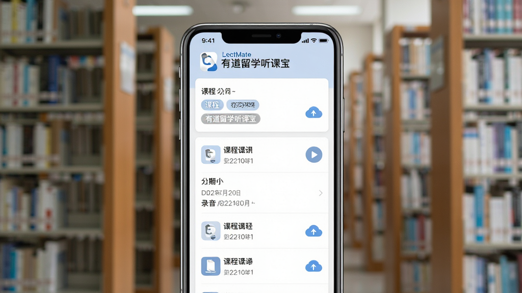 一张展示LectMate有道留学听课宝课堂录音存档功能的界面图,主体是手机屏幕显示课程列表和录音文件管理界面,屏幕上有LectMate有道留学听课宝的Logo,布局为手机居中、背景为虚化的图书馆书架,排版为竖屏展示,风格为清新学习风,细节包括界面中有课程名称标签、日期分组、播放按钮和云同步图标,画质为高清、干净、无多余元素