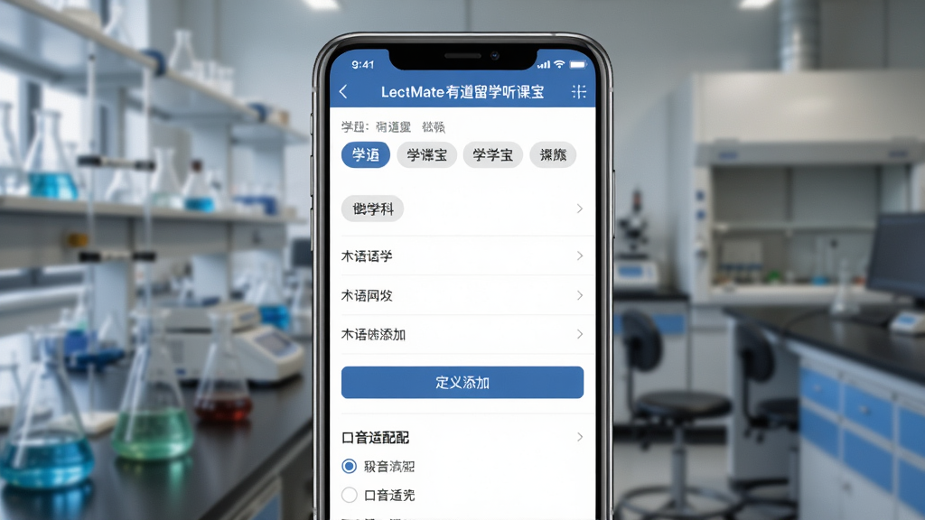 一张展示LectMate有道留学听课宝专业术语优化功能的界面图,主体是手机屏幕显示专业词库设置界面,屏幕上有LectMate有道留学听课宝的名称,布局为手机屏幕居中、背景为虚化的实验室环境,排版为竖屏展示,风格为专业学术风,细节包括界面中有学科分类标签、术语列表、自定义添加按钮和口音适配选项,画质为高清、干净、无多余元素