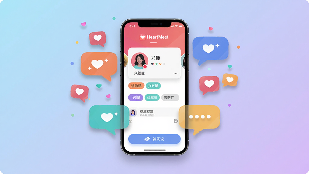 һ���罻Ӧ���������������ͼ�������������һ�������ֻ����ֻ���Ļ��չʾ HeartMeet Ӧ�õ������棬�����û�ͷ��Ƭ����Ȥ��ǩ��������ڰ�ť���ֻ���Χ���Ʋ�ɫ�Ի�����������ͼ�꣬����Ϊǳ����ǳ�ϵĽ���ɫ�����岼�־��жԳƣ���������ִ���ϸ�ڰ�����͵�ͶӰ��Բ���ͼ����ƣ������������ɾ����޶���Ԫ�ء�