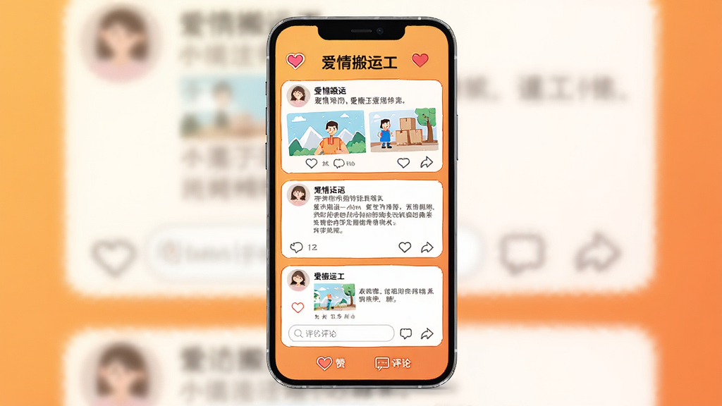 画面展示“爱情搬运工”动态社区页面,手机屏幕中有多条用户动态,包括图片和文字,下方有点赞和评论图标,背景为暖橙色渐变,主体为手机和动态列表,布局垂直排列,风格为清新插画风,细节包括圆形头像、心形点赞按钮、简洁的评论输入框,画质高清,干净,无多余元素
