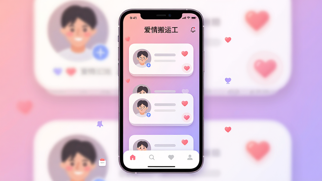 画面中央是一部智能手机,屏幕上显示“爱情搬运工”应用的主界面,界面中有多个用户头像卡片和心形图标,背景是柔和的粉紫色渐变,主体位于画面正中,布局简洁,排版清晰,风格为现代扁平化UI插画,细节包括圆角图标、微阴影、简洁的导航栏,画质高清,干净,无多余元素