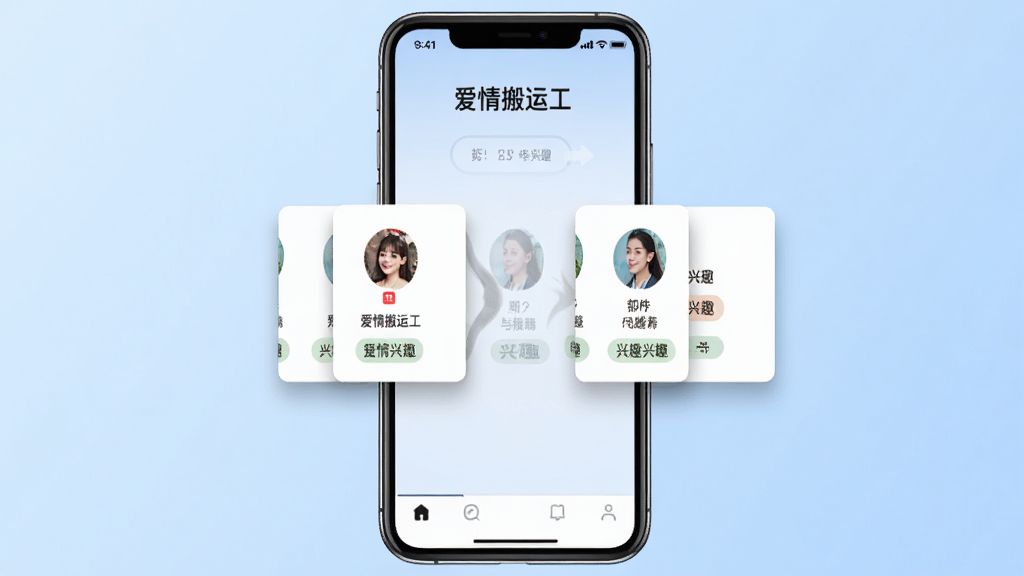 画面中一部手机屏幕显示“爱情搬运工”的匹配页面,左右滑动卡片式界面,卡片上有用户头像和兴趣标签,背景为浅蓝色渐变,主体突出手机和屏幕内容,布局居中,风格为写实UI风格,细节包括卡片阴影、滑动动画痕迹、简洁的底部导航,画质高清,干净,无多余元素
