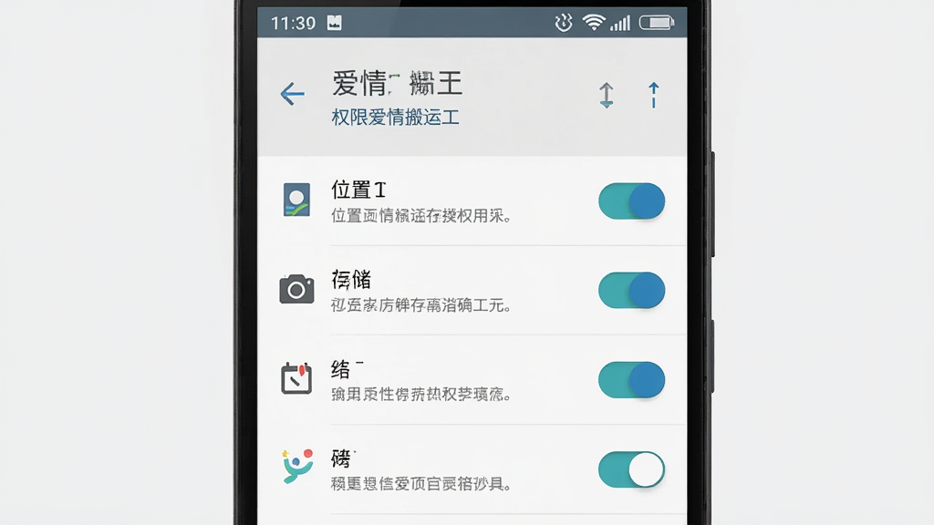 画面中一部安卓手机显示“爱情搬运工”的权限设置界面,有位置、相机、存储等开关,背景为浅灰色,主体为手机和设置列表,布局居中,风格为扁平化图标风格,细节包括开关按钮、权限说明文字,画质高清,干净,无多余元素