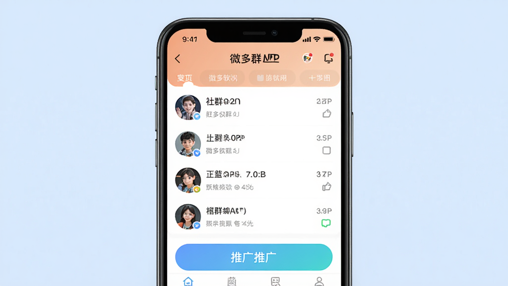 ΢��Ⱥ�������ع�����ҳ��ͼ����������չʾ�ֻ���Ļ����Ļ�ڳ���΢��ȺAPP�����棬������Ⱥ�б����ƹ㰴ť������Ϊ����ǳ��ɫ���䣬�Ű�ɾ�������ִ���ƽ����ϸ������������1080P���޶���Ԫ��