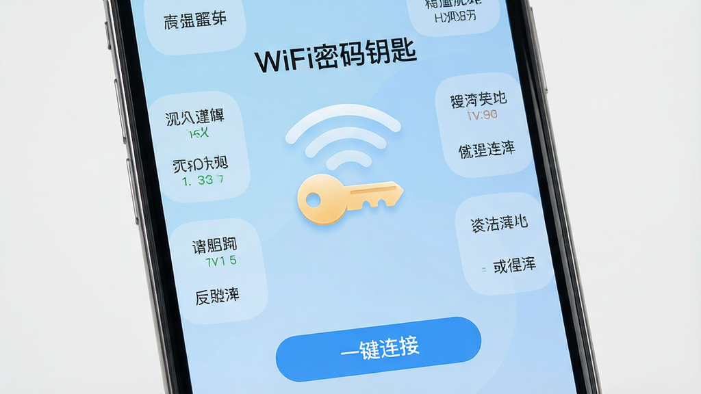 һ��չʾ�����ֻ���Ļ��ͼƬ����Ļ������ʾ��WiFi����Կ�ס�Ӧ�ý��棬��������һ����Ŀ��Կ��ͼ���һ��WiFi�źŻ��ߣ���Χ�����Ŷ�������ӵ��ȵ������б�������Ϊ����ɫ���䣬������ִ���ϸ�����������ʸɾ����޶���Ԫ�أ����幹ͼͻ���������Ĺ��ܣ���Ļ�·��С�һ�����ӡ���ť��ͼƬ������Ϊ���ģ��Ű����룬�������ȡ�