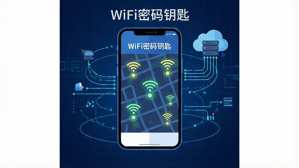 һ����Ϣͼ���ͼƬ������������һ���ֻ����ֻ���Ļ��ʾ��WiFi����Կ�ס�Ӧ���ڵ�ͼ���棬��ͼ��ɢ�������෢���WiFiͼ�꣬ÿ��ͼ�����һ�������ȵ㣬�ֻ���Χ�������������������ƶ˷�����������Ϊ����ɫ�Ƽ������񣬷���ƽ����ϸ�ڷḻ�����ʸɾ����޶���Ԫ�أ�ͼƬ�����֡�WiFi����Կ�ס������ɼ���