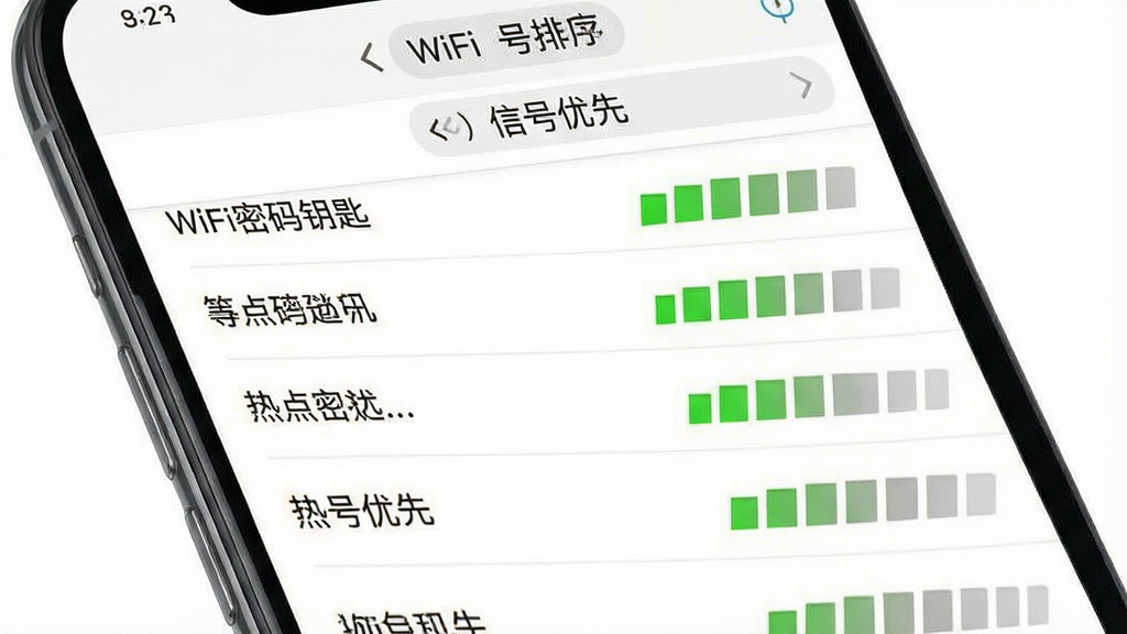 һ���ֻ������ͼ���ͼƬ����Ļ��ʾ��WiFi����Կ�ס�Ӧ���ڵ��ȵ��б���ÿ���ȵ������Ҳ��в�ͬ���ȵ��źŸ�ͼ�꣬�źŸ��ǿ��������ɫ����ɫ�����ʾ���б��Ϸ��С��ź����ȡ������ǩ������Ϊ����ɫ������࣬ϸ�����������ʸɾ����޶���Ԫ�ء�