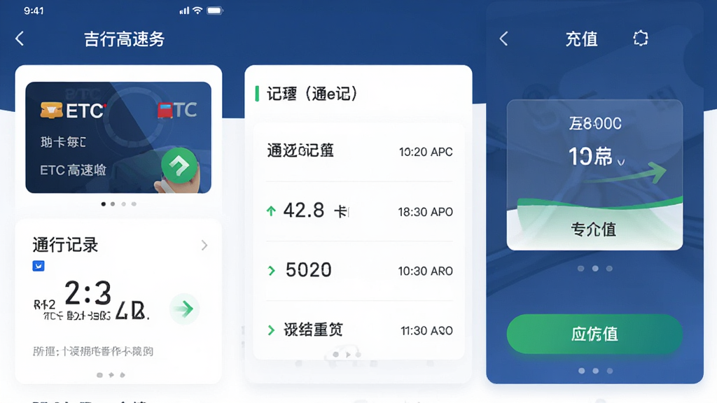 ����Ϊ���и���APP��ETC����ҳ�棬���ֲ��ÿ�Ƭʽ��Ϣչʾ������ETC���桢ͨ�м�¼�б�����ֵ��ť�����Ϊ��Լ����磬ϸ�ڰ�����ɫͨ�м�ͷ��������֡�ʱ��������ʸ��壬����ɾ����޶���Ԫ��