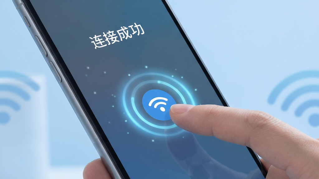 һ��չʾ����WiFiһ�����ӹ��ܵ�ͼƬ����������ָ�ᴥ�ֻ���Ļ�ϵ�WiFi���Ӱ�ť����ť��Χ�й�Ч��������Ļ��ʾ�����ӳɹ�������������Ϊ��͵���ɫ������������죬ϸ�����������ʸɾ����޶���Ԫ��