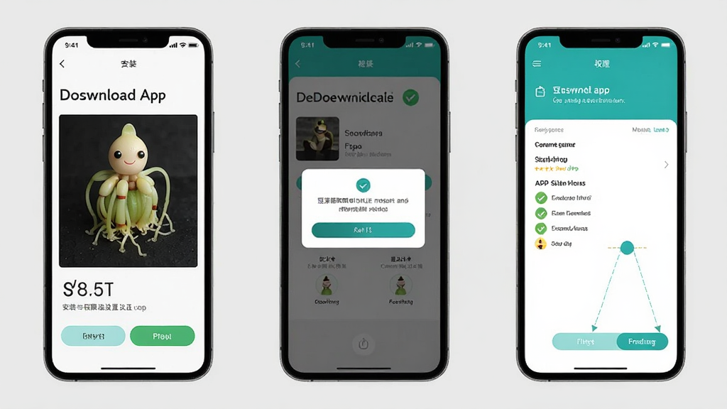 һ��չʾ��ѿ����APP��װ��Ȩ���������̵Ĳ���ͼ�������Ϊ�����ֻ���Ļ���ţ��ֱ���ʾ����ҳ�桢��װȷ�ϵ�����Ȩ�޹������棬����Ϊǳ��ɫ�������ʵ�ã��Ű����������ʸ��壬�ɾ��޶���Ԫ��