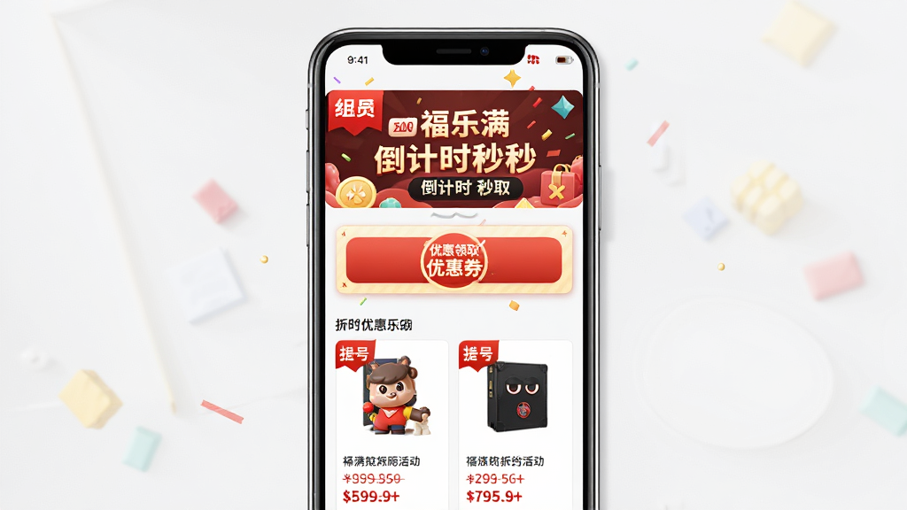 һ�Ÿ�������ʱ�Żݻҳ��չʾͼ����������Ϊ�ֻ���Ļ����Ļ����ʾ����ʱ��ɱ������Ż�ȯ��ȡ��ť���ۿ���Ʒ�б�������Ϊ���½ṹ��������ִ����У�ϸ�ڰ�����ɫ������ǩ��۸��߶Աȣ����ʸ��壬�ɾ��޶���Ԫ��