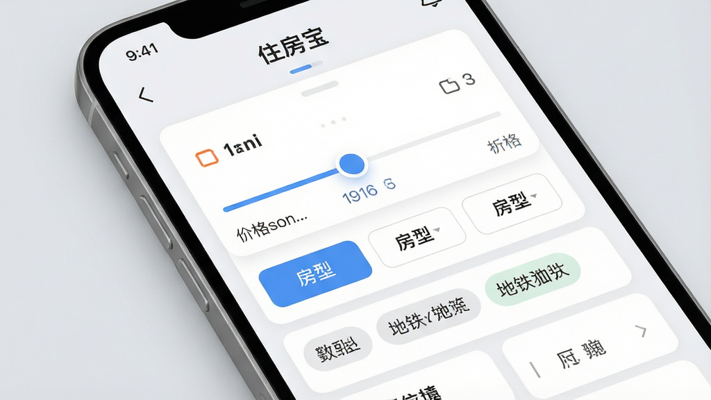 һ��չʾ�ֻ�Ӧ�ý������дͼƬ�����������ǡ�ס������APP�ķ�Դɸѡҳ�棬ҳ�����м۸����们�顢����ѡ��ť�Լ�������·ɸѡ��ǩ������Ϊ��͵�ǳ��ɫ��������Ƽ���ִ������ÿ�Ƭʽ���֡�������Ϊдʵ��UI���ͼ��ϸ����������������ģ����ʾ��ס���������������廭��ɾ������������ʾ�ϸ���޶���װ��Ԫ�ء�