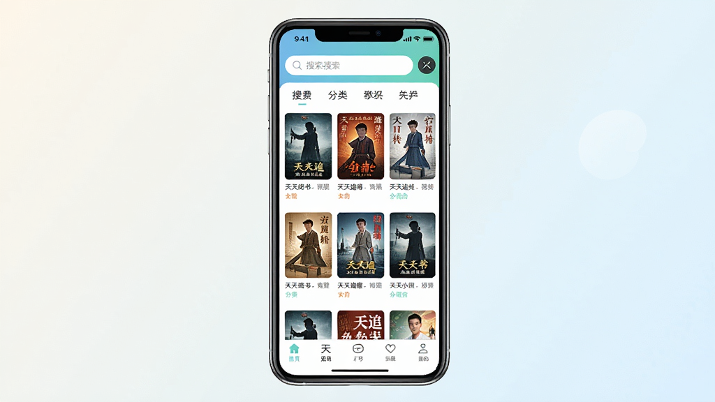һ��չʾ����׷�����С˵APP��������ֻ�����ͼ�������������ֻ���Ļ����Ļ����ʾ���ҳ�棬�����Ŷ౾С˵���棬�������������ͷ����ǩ���ײ��е�����ť������Ϊǳɫ���䣬��������£�ϸ�����������ʸɾ����޶���Ԫ��