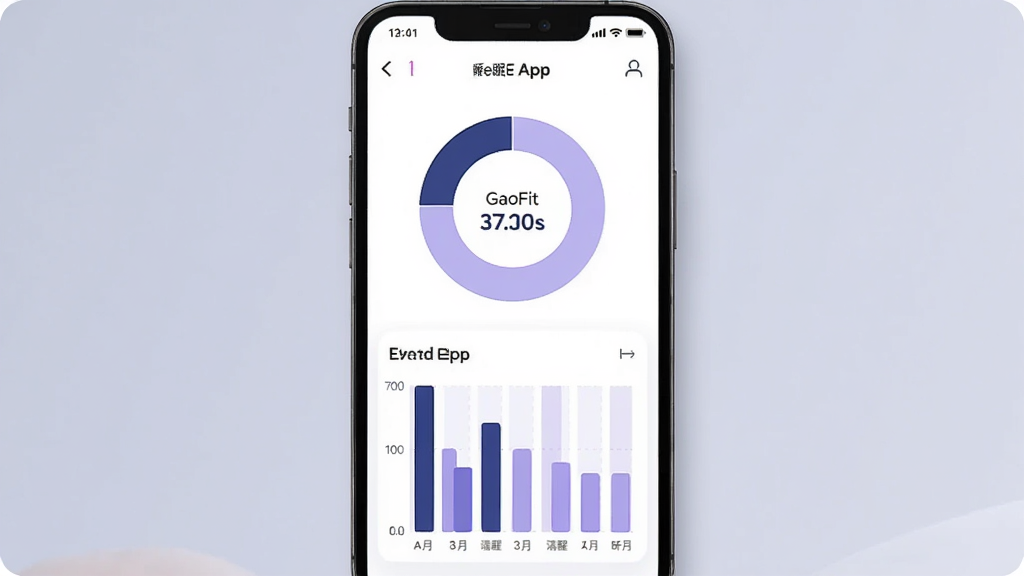 一幅展示GaoFit App睡眠分析界面的图片,主体为手机屏幕显示睡眠阶段柱状图与评分圆环,布局为圆环在上、柱状图在下,风格柔和舒适,细节包括深蓝色睡眠条与浅紫色清醒条,画质高清,干净,无多余元素