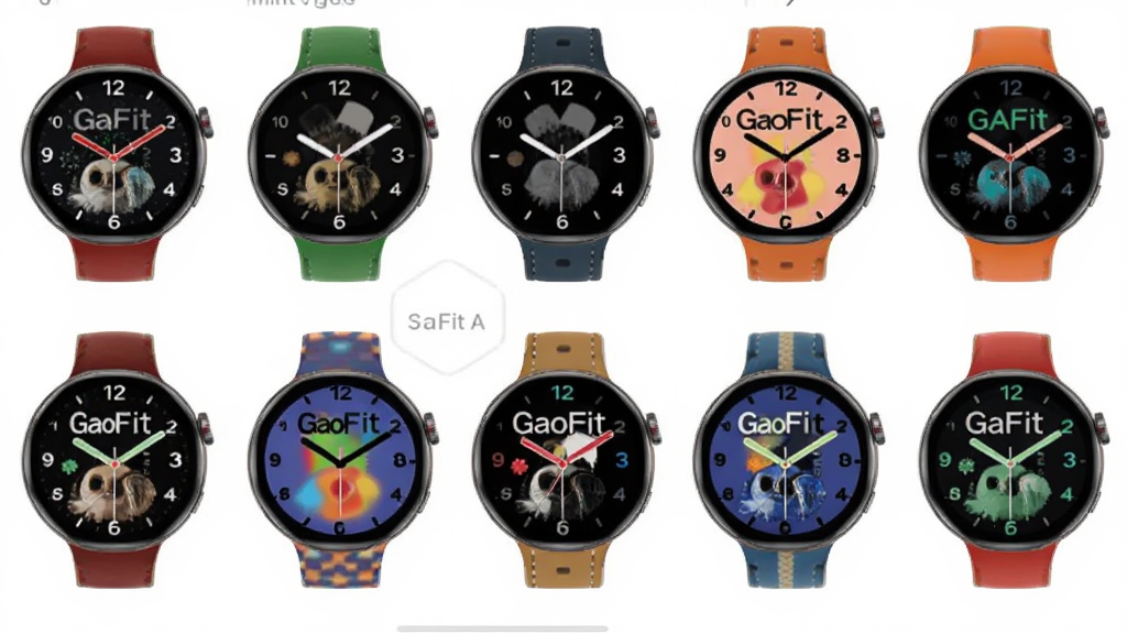 一幅展示GaoFit App表盘市场界面的图片,主体为手机屏幕排列多个表盘预览图,布局为网格状展示,风格时尚个性,细节包括不同颜色与样式的表盘缩略图,画质高清,干净,无多余元素