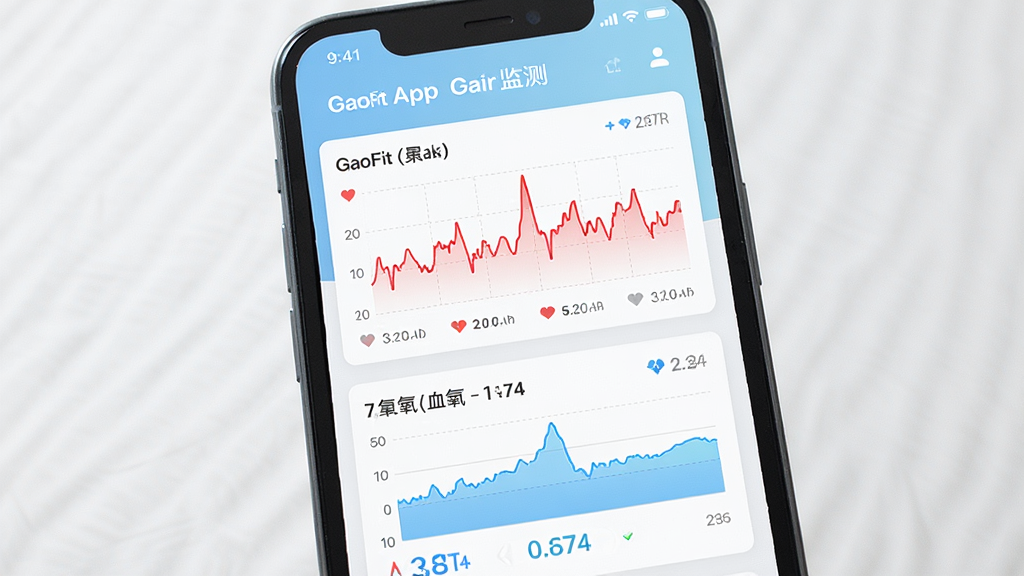 一幅展示GaoFit App健康监测界面的图片,主体为手机屏幕显示心率曲线与血氧数据图表,布局为纵向排列的卡片式设计,风格简洁清爽,细节包括红色心率波形与蓝色血氧数值,画质高清,干净,无多余元素