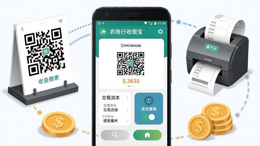 画面中央一部安卓智能手机,屏幕上显示农商行收银宝应用主界面,界面包含收款码、交易流水、语音播报开关等模块,手机周围环绕着商户收款场景元素如二维码立牌、小票打印机、钱币图标,整体布局为手机居中、四周元素环绕式排版,风格为扁平化科技商务风,细节上突出界面按钮和数字金额的清晰度,画质高清干净,无多余杂乱元素