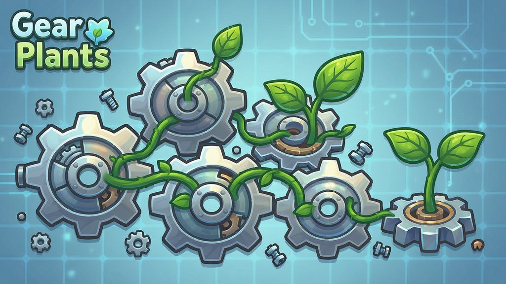һ��չʾGear Plants��Ϸ�����淨�ĳ���ͼ�����������Ƕ����С��һ�Ľ��������໥ҧ�ϣ����ִ�����ɫ��������ҶƬ��������������͵�ǳ��ɫ�Ƽ������񣬻��沼��Ϊ����ȫ�������ִ���ද��Դ���δ��ݵ��Ҳ��ֲ�����磬���Ϊ���¿�ͨ�����е���ϣ�ϸ�ڰ��������ϵĸ߹⡢ֲ��ҶƬ�����硢ɢ���С��˿��������������ɾ����޶���Ԫ�أ������д��С�Gear Plants�����ֱ�ʶ��