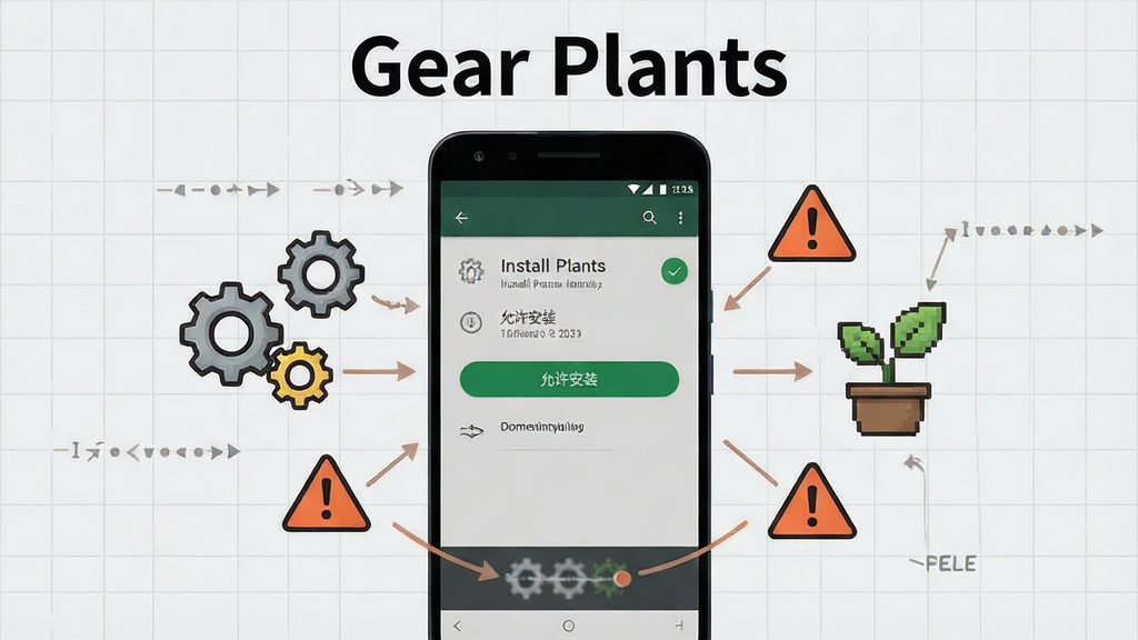һ��չʾGear Plants���ֱܿ�ָ�ϵ���ͼ������������һ����׿�ֻ���Ļ��ʾ��װȨ�����ý��棬�Ա��г��ֺ�ֲ���Сͼ����Ϊװ�Σ�����Ϊ���й�ͼ�����Ϊ�����Ϣͼ���ϸ�ڰ����ֻ���Ļ�ϵġ�������װ����ť����Χ���Ƶľ�ʾ������ͼ�ꡢ������ǳ��ɫ���񣬻��涥���С�Gear Plants�����֣����������ɾ����޶���Ԫ�ء�