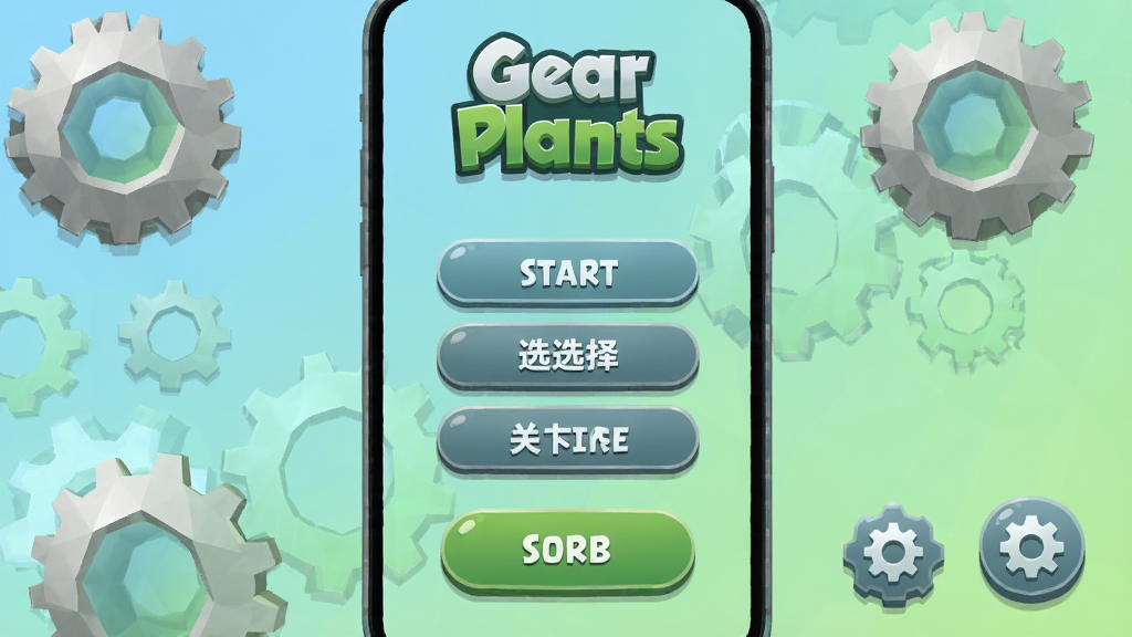 һ��Gear Plants��Լ�Ӿ�������ͼ������չʾ��Ϸ�������UI���֣�������ʼ��ť���ؿ�ѡ������ͼ��ͳ���װ��Ԫ�أ�����Ϊ�ֻ���Ļ�����Ű棬���Ϊ��ƽ���Ͷ������ƣ�ϸ�ڰ�����ť��Բ�ǡ�����ͼ��Ľ������䡢������ǳ����ǳ�̽��䣬���涥���С�Gear Plants��Logo�����������ɾ����޶���Ԫ�ء�