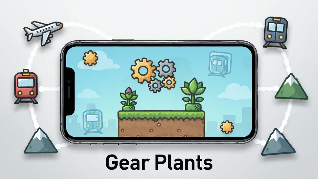 һ��Gear Plants���ߵ������е���ͼ������������һ�������ֻ�������ʾ��Ϸ�ؿ����棬�ֻ���Χ�����ŷɻ���������ɽ��ȱ�ʾ�����糡����Сͼ�꣬����Ϊ���й�ͼ�����Ϊ���Ƽ��廭��ϸ�ڰ����ֻ���Ļ�ϵĳ��ֺ�ֲ��Ԫ�ء���Χͼ��������Ӱ�������ĵ���ɫ���䣬����ײ��С�Gear Plants�����֣����ʸɾ��������޶���Ԫ�ء�