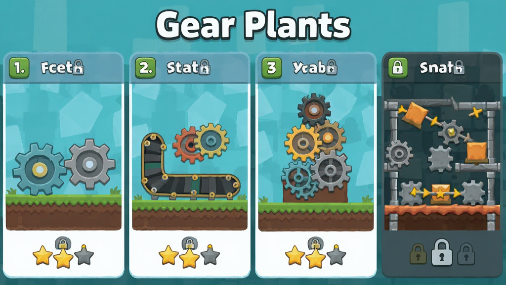 һ��Gear Plants�����ؿ���Ƶ���ͼ������չʾ�ĸ���ͬ�ѶȵĹؿ�����ͼ�������У������������Ǽ�˫���֡��м����ʹ������顢�߼��༶�������������ƶ��ϰ��ĸ��ӻ��أ�����Ϊ�����ĸ��Ű棬���Ϊ��ƽ����ϷUI���ϸ�ڰ���ÿ���ؿ��ı�š��������֡������Ĺؿ�ͼ�꣬���涥���С�Gear Plants�����⣬���������ɾ����޶���Ԫ�ء�