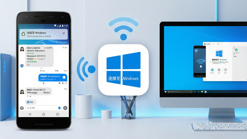 һ��չʾ��׿�ֻ���Windows����ͨ�������������ӵĳ���ͼ�����������ǡ������� Windows�������ı�־��ͼ�꣬����ǰ�׿�ֻ���Ļ��ʾ֪ͨ����Ϣ���Ҳ���Windows������Ļ��ʾ�ֻ����ӽ��棬����Ϊ�ִ���Լ�İ칫���滷����������Ƽ���ʮ�㣬ɫ������ɫ�Ͱ�ɫΪ���������������ɾ��޶���Ԫ�ء�