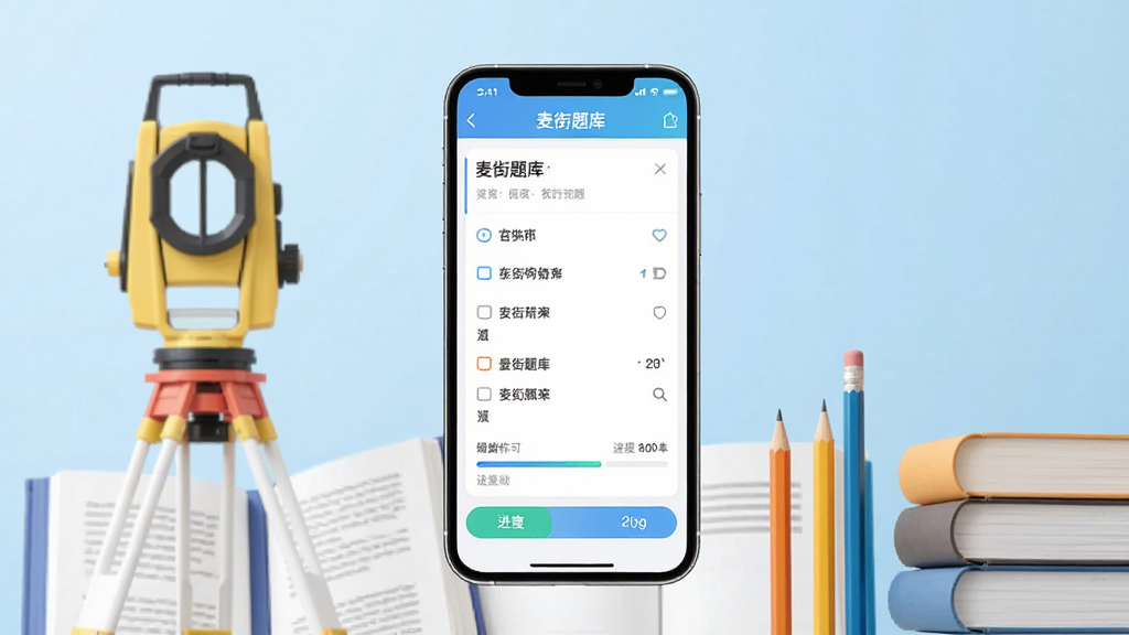 主体为一部智能手机,屏幕显示麦街题库APP的刷题界面,布局采用居中构图,手机下方环绕着测绘仪器、书本、铅笔等学习元素,排版整齐有序,风格为扁平化科技风,细节上屏幕中清晰展示题目选项和进度条,背景为浅蓝色渐变,画质高清,干净,无多余元素