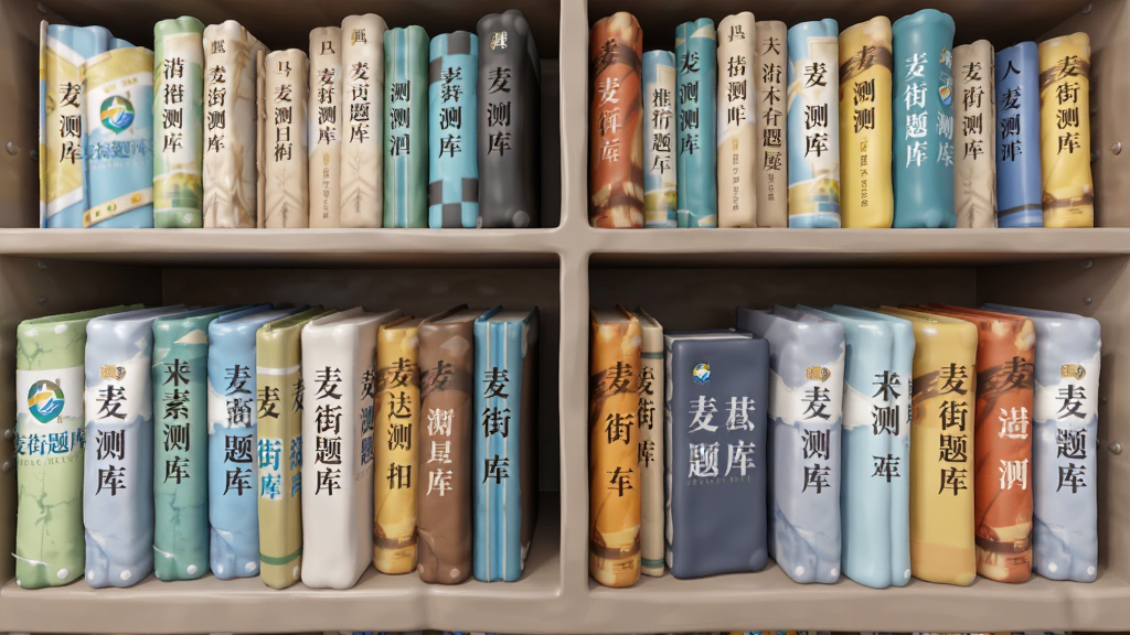 主体为一座巨大的虚拟书架,书架上整齐排列着标有测绘各科目名称的书籍,布局采用对称式构图,排版上书籍从近到远延伸,风格为3D立体插画风,细节上部分书籍封面印有麦街题库的Logo,画质高清,干净,无多余元素