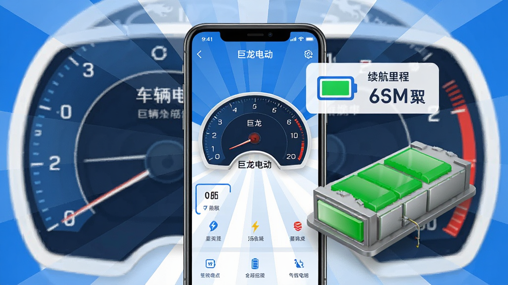 主体是手机屏幕显示“巨龙电动”应用车辆仪表盘界面,旁边悬浮着电量图标、续航里程数字与电池组三维模型;布局为手机居中,周围环绕仪表盘元素;排版采用放射状;风格为扁平化科技风,蓝白配色;细节上屏幕内文字清晰可辨,电池模型带有绿色电量填充;画质高清,干净,无多余元素