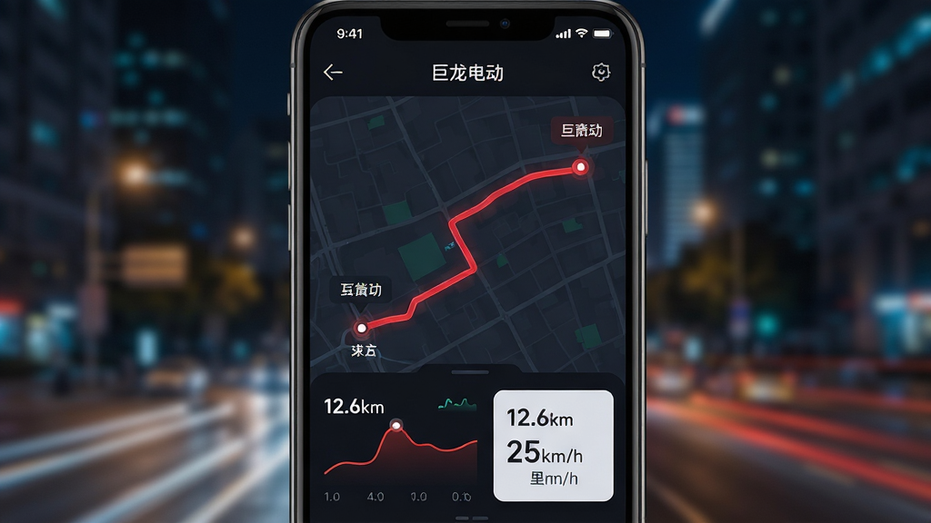 主体是手机屏幕展示“巨龙电动”应用骑行轨迹地图界面,地图上有一条红色轨迹线从起点到终点,下方显示速度曲线与里程数据卡片;布局为手机屏幕特写,背景为模糊的城市夜景;排版突出地图与数据卡片;风格为深色科技UI;细节上轨迹线带有起点与终点标记,数据卡片显示“12.6km”“25km/h”等文字;画质高清,干净,无多余元素