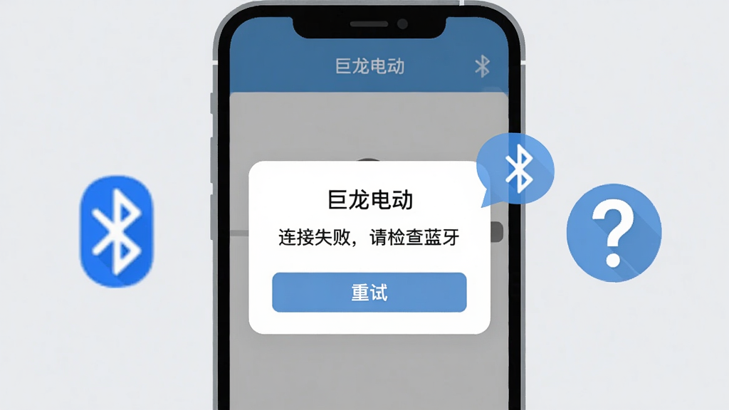 主体是手机屏幕显示“巨龙电动”应用连接失败提示框,旁边有蓝牙图标与问号;布局为手机居中,背景为淡灰色;排版简洁;风格为扁平化提示插画;细节上提示框内文字为“连接失败,请检查蓝牙”,下方有“重试”按钮;画质高清,干净,无多余元素