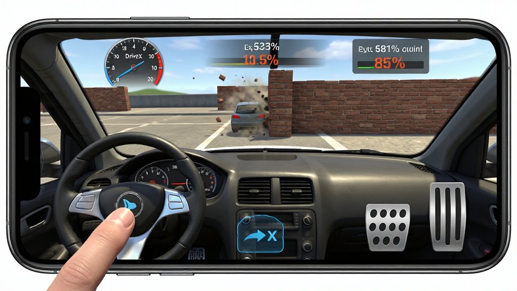 һ��չʾDriveX����ģ�����ƶ��˲��������ͼƬ���������ֻ�������ʾ��Ϸ���棬���½������ⷽ���̣����½������ź�ɲ��̤�壬��Ļ�Ϸ���ʾ���ٺͳ�����ٰٷֱȡ����ֲ��õ�һ�˳Ƽ�ʻ�ӽǣ�ǰ����һ�¼���ײ����שǽ�����Ϊдʵ3D��Ⱦ��ϸ�ڰ����Ǳ��̷��⡢��ָ������ʾ��UI��͸��Ч�������ʸ��壬�ɾ��޶���Ԫ�أ������в����κ����֡�