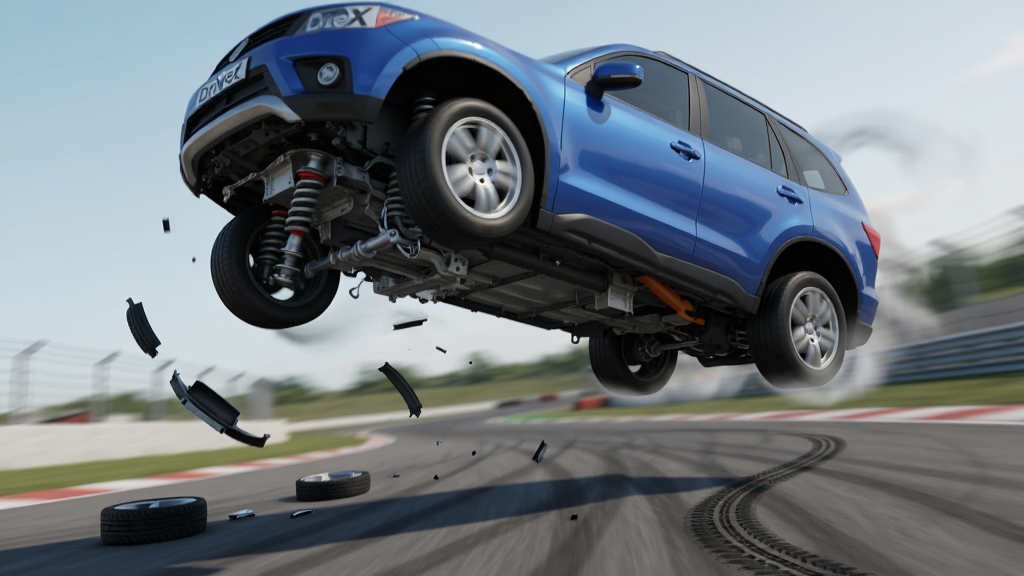 һ��չʾDriveX����ģ�����������طŹ��ܵ�ͼƬ��������һ����ɫSUV�ڿ��з�����������б��������������Ч�������Ķ�̬ģ����������ɢ����������̥ӡ�����ֲ������ӽǶȣ�����λ�ڻ����Ϸ����·���ģ�����������档���Ϊдʵ3D��Ⱦ��ϸ�ڰ����������̽ṹ������ϵͳ���κͿ�������ѧЧ�������ʸ��壬�ɾ��޶���Ԫ�أ������в����κ����֡�