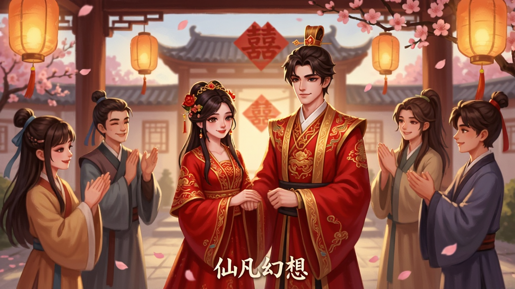 һ��չʾ�ɷ������罻�����Ĳ廭������������һ�����ź�ɫ�������Ϸ��ɫ�ڹŵ�ͥԺ�о��л�����Χ�м�λ���ѽ�ɫ����ף�أ������е�����ϲ�֡��һ����������·��С��ɷ����롱С�ֱ�ʶ�����ֲ�������Ⱥ����С������Գƣ����Ϊ����ϲ��廭��ϸ�ڰ������δ��塢������Ӱ������Ʈ�䣬���ʸ��壬ɫ����ů�ɾ����޶���Ԫ�ء�