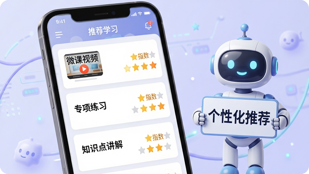 一张展示点知精准教学个性化推荐功能的图片,画面主体是手机屏幕,屏幕上显示推荐学习列表,包含“微课视频”“专项练习”“知识点讲解”等条目,每条目右侧有推荐指数星星。手机旁边有一个机器人图标,机器人手持“个性化推荐”牌子。背景是柔和的浅紫色。整体风格为智能科技风,布局清晰,细节精致,画质干净,无多余元素。