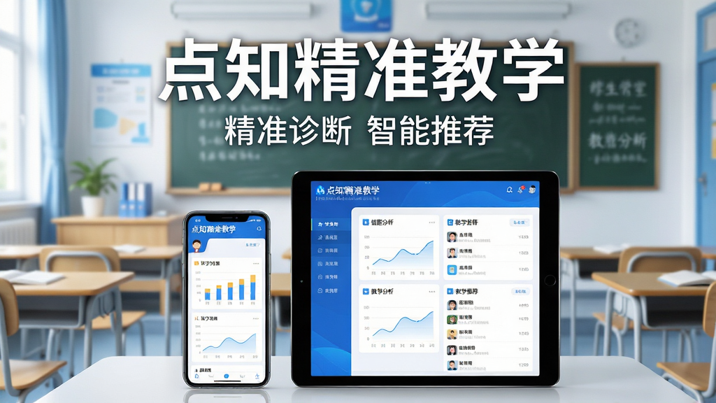 一张展示点知精准教学软件核心功能的场景图,画面中央是一部智能手机和一台平板电脑,屏幕上显示点知精准教学的界面,包含学生学习数据图表、错题分析和教学推荐列表。背景是明亮的教室环境,有黑板和课桌元素。整体布局采用居中构图,上方用大号字体写着“点知精准教学”,下方用小字标注“精准诊断 智能推荐”。风格为现代教育科技感,色彩以蓝色和白色为主,细节清晰,画质干净,无多余元素。