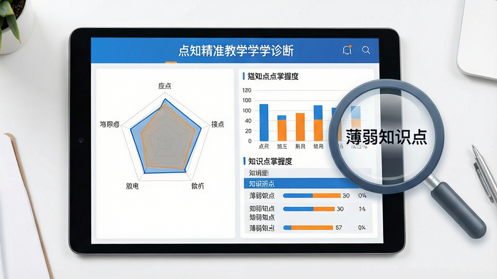 一张展示点知精准教学学情诊断功能的界面截图风格图片,画面主体是平板电脑屏幕,上面显示雷达图、柱状图和知识点掌握度列表,图表颜色以蓝色和橙色为主。屏幕旁边有一个放大镜图标,放大镜内显示“薄弱知识点”字样。背景是简洁的白色办公桌面。整体风格为科技教育风,布局清晰,细节精致,画质干净,无多余元素。