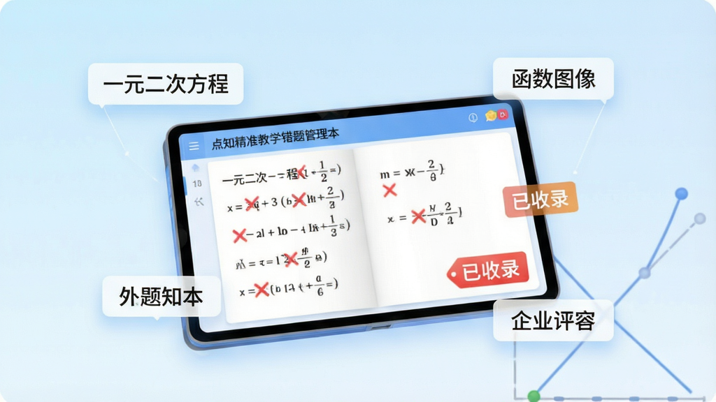 一张展示点知精准教学错题管理功能的图片,画面中央是一本虚拟的电子错题本,页面上显示数学题和红色叉号标记,旁边有“已收录”标签。错题本周围漂浮着几个知识点标签,如“一元二次方程”“函数图像”。背景是淡蓝色的渐变。整体风格为清新学习风,布局简洁,细节清晰,画质干净,无多余元素。