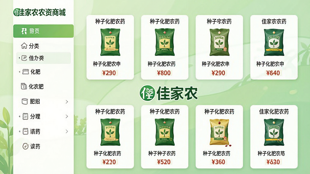 一张佳家农农资商城页面截图风格插画,画面左侧是分类导航栏,右侧是种子化肥农药商品卡片,每张卡片配有产品小图和价格标签,背景是淡绿色渐变,画面中央有“佳家农”品牌标识,风格简洁明快,布局整齐,细节清晰,画质干净,无多余元素