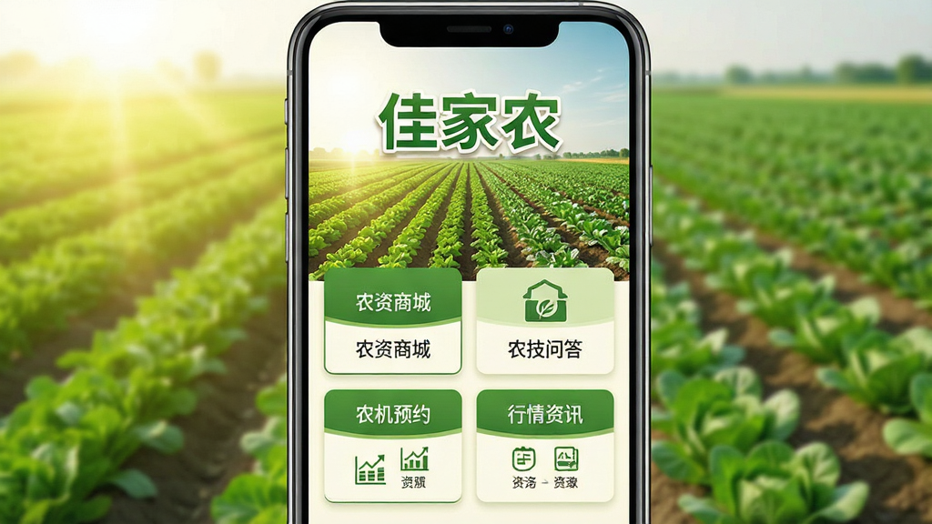 一张手机屏幕展示佳家农软件首页界面,画面中央是绿色农田与整齐菜畦,上方悬浮“佳家农”三个字,界面卡片式布局清晰可见农资商城、农技问答、农机预约、行情资讯四大入口,整体色调以青绿和米白为主,阳光明亮,风格写实清新,细节丰富,画质清晰干净,无多余元素