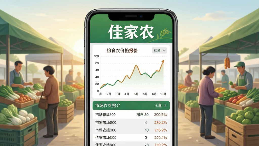 一张佳家农行情资讯页面插画,画面中央是手机屏幕显示粮食价格折线图与市场报价列表,屏幕上方有“佳家农”标题,背景是清晨的农贸集市,风格清新写实,布局规整,细节丰富,画质清晰干净,无多余元素