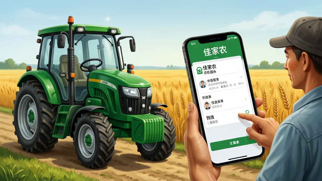一张佳家农农机预约页面插画,画面中一台绿色拖拉机停在田边,农机手与农户在手机屏幕上确认订单,屏幕显示“佳家农”农机服务界面,背景是金色麦田,风格写实,布局开阔,细节清晰,画质干净,无多余元素